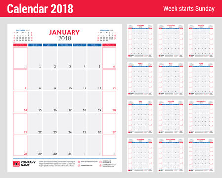 Calendar planner design template for 2018 year. Portrait orientation. Week starts on Sunday. Stationery design. Set of 12 months