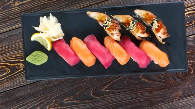 Nigiri sushi on a plate. Tasty japanese food.