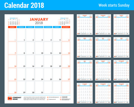 Calendar planner design template for 2018 year. Portrait orientation. Week starts on Sunday. Stationery design. Set of 12 months