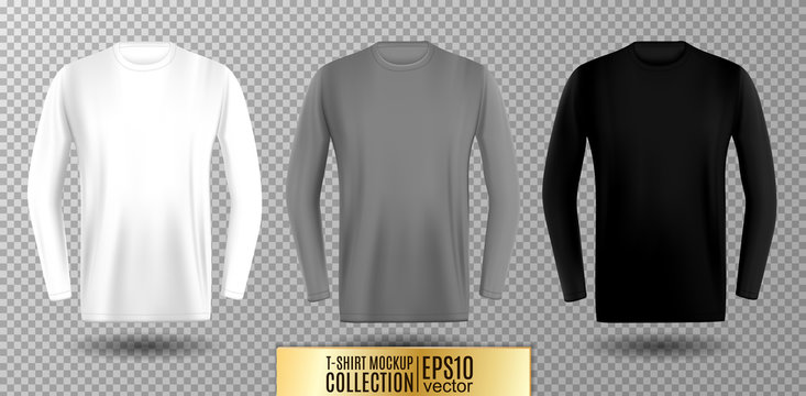 Three shades of white, gray and black long sleeve t-shirt. Vector mock up.