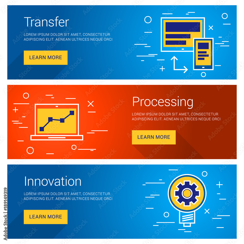 Poster transfer data. processing. innovation. line art flat design illustration. vector web banners concept