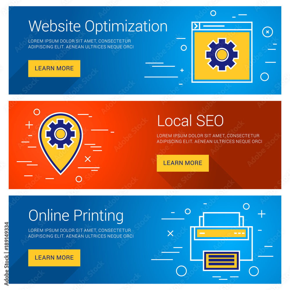 Poster website optimization. online printing . local seo. line art flat design illustration. vector web ban