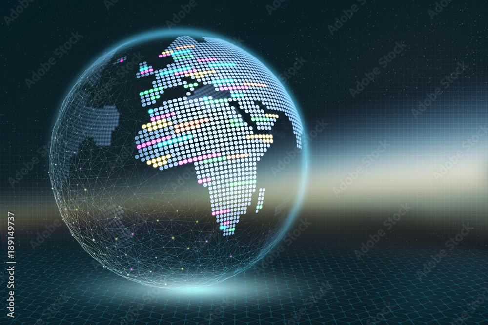 Fototapete Planet Earth 3D illustration. Transparent pixel map with luminous elements on a dark abstract background. Technologies of global digital modernization. Visual concept on the future of mankindPlanet Ea