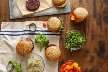 Set of vegetarian burgers, top view. Healthy food background