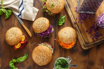 Healthy food background. Set different vegetarian burgers