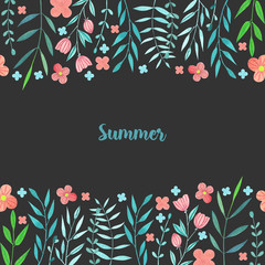 Watercolor simple summer red flowers and blue branches card template, hand painted on a dark background