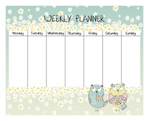 Hand drawing vector weekly planner with owls.