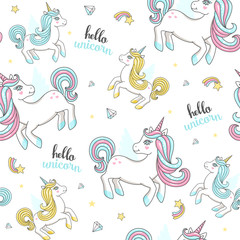 Seamless pattern with cute unicorns. Vector illustration.