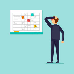 Businessman planning to work on the blackboard. Flat vector illustration in cartoon style.