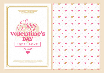Happy Valentines Day typography greeting card. Vector design double sided template with seamless background and romantic signs