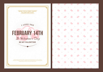 Happy Valentines Day typography greeting card. Vector design double sided template with seamless background and romantic signs