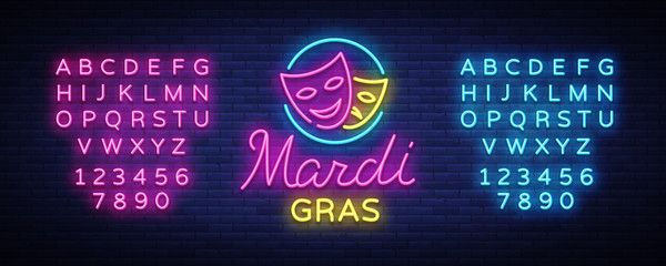 Mardi Grav is a neon sign. Bright glowing banner, neon billboard, neon advertising of carnival. Fat Tuesday Design template, greeting card, flyer. Vector illustration. Editing text neon sign