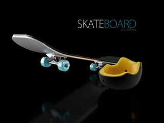 Skateboard deck with helmet on black background, 3d Illustration