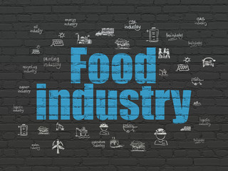 Manufacuring concept: Painted blue text Food Industry on Black Brick wall background with  Hand Drawn Industry Icons