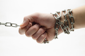 Hands are chained in chains isolated on white background