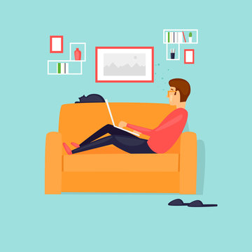 Freelancer man, works from home, sits on the couch. Flat vector illustration in cartoon style.