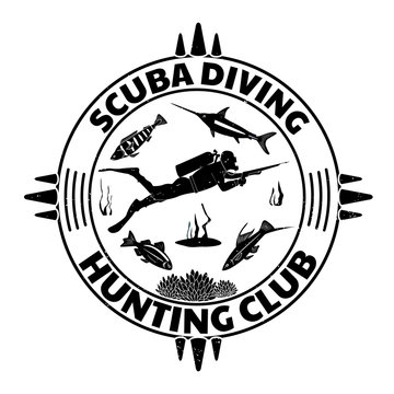 Grunge vintage diving label design with fishes and diver man in full equipment with spear fishing gun. Vector illustration.