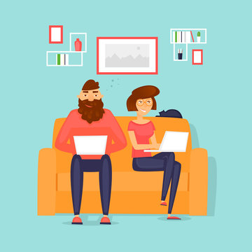 Couple working at home, freelancing, business, office. Flat vector illustration in cartoon style.