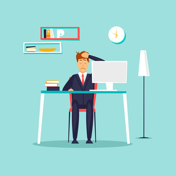 Headache. Businessman working in the office. Flat vector illustration in cartoon style.