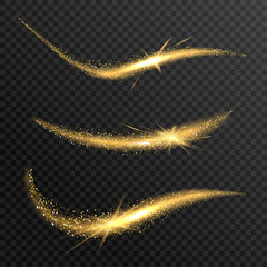 Vector sparkling confetti wave. Stardust glitter bright trail. Golden glittering magic waves with gold particles on checkered background.