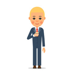 Businessman with coffee. Young worker stands with cup coffee in hand. Manager business drinking hot tea. Working break with cup of coffee. Illustration in flat style. Isolated. White background