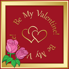 gold vector frame on red background with hearts and roses - valentine day