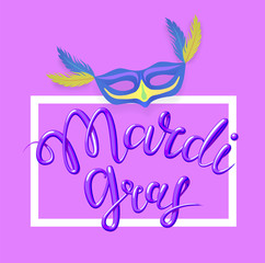 Mardi Gras, Fat Tuesday, vector lettering illustration in 3d style with rectangular frame and mask. Design template of poster or banner for party or carnival. Isolated on pink background.