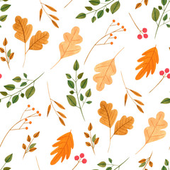 Watercolor simple autumn leaves and branches seamless pattern, hand painted on a white background