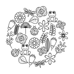 set of spring theme nature flowers love birds butterflies ladybugs frog dragonfly vector illustration outline image