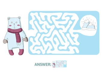 Children's maze with polar bear and the North pole. Cute puzzle game for kids, vector labyrinth illustration.