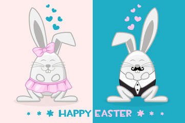 Funny cartoon easter bunny in the shape of an egg, girl and boy. Greeting card Happy Easter