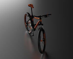 Black reflecting floor with a Front View of an Orange and Black Mountain Bike