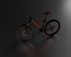 Fototapeta na wymiar Black reflecting floor with a Left Side of an Orange and Black Mountain Bike