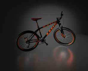 Fototapeta na wymiar Black reflecting floor with a Right Side of an Orange and Black Mountain Bike