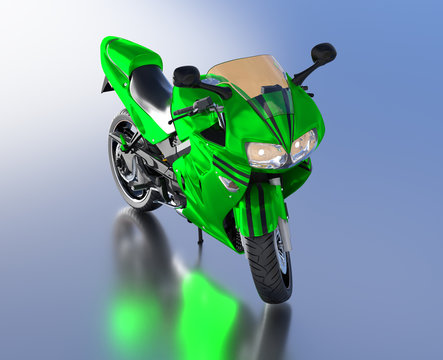 Blue Sky reflecting floor with a Front View of a Green Sport Motorbike