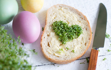 Cuckooflower heart on the bread love easter abstract concept
