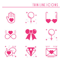 Love line icons set. Happy Valentine day pink silhouette signs and symbols. Love, couple, relationship, dating, wedding, holiday, romantic amour theme. Heart, gift.