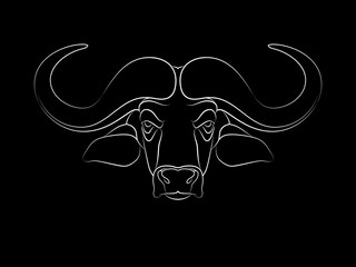 Graphic print of African buffalo outline. Black background.