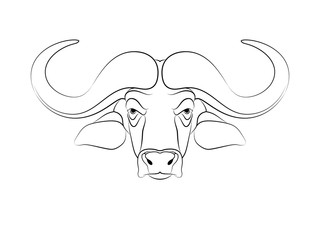 Graphic print of African buffalo outline. White background.