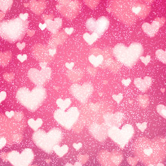 Abstract romantic pink background with hearts and bokeh lights. St. Valentine's day wallpaper. Blurred glow soft backdrop. Vector illustration.