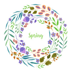 Fototapeta na wymiar Watercolor simple spring and summer purple flowers and green branches wreath, hand painted on a white background