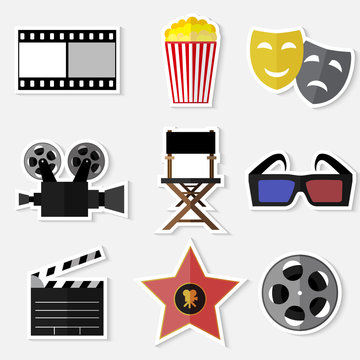Set of simple stickers cinema flat icons on white background