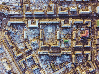 aerial city streets top view, building blocks