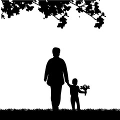 Grandma walks with a grandson with flowers in the park, one in the series of similar images silhouette