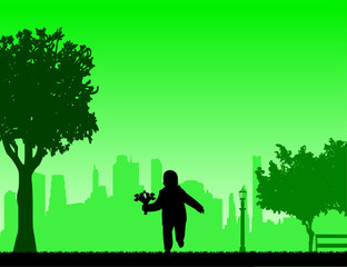 A boy running with a tulip bouquet in the park silhouette, one in the series of similar images