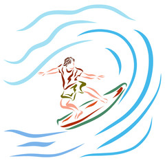 Young athletic man on surfboard, waves