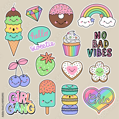 "Set of girl fashion patches, cute cartoon badges, fun stickers desserts vector, positive ...