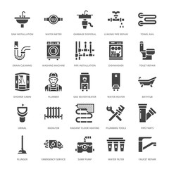 Plumbing service vector flat glyph icons. House bathroom equipment, faucet, toilet, pipeline, washing machine, dishwasher. Plumber repair illustration, solid signs for handyman services.