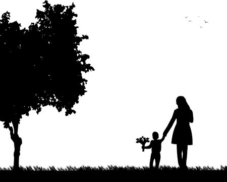 Mother walks with a son with flowers in the park, one in the series of similar images silhouette