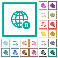 Online Bitcoin payment flat color icons with quadrant frames